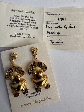 24k Gold Plated Frog Earrings With Spiral Design Tairona-Inspired Handcrafted In